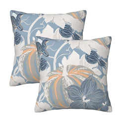 Set of two velvet pillow covers with light gray, cream and slate pumpkin and floral pattern