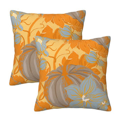 Set of two velvet pillow covers with orange, gold and gray pumpkin and floral pattern