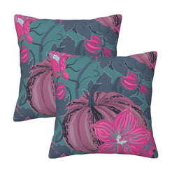 Set of two velvet pillow covers with teal and magenta pumpkin and floral pattern