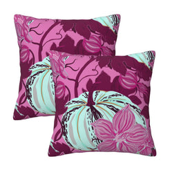Set of two velvet pillow covers with burgundy, pink and mint pumpkin and floral pattern