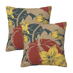 Set of two velvet pillow covers with charcoal, rust and yellow pumpkin and floral pattern