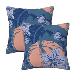Set of two velvet pillow covers with navy, peach and lilac pumpkin and floral pattern
