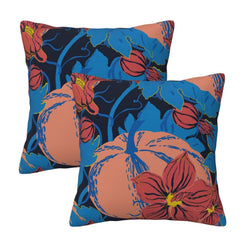 Set of two velvet pillow covers with blue, teal and coral pumpkin and floral pattern