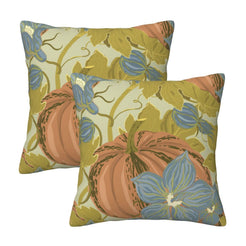 Set of two velvet pillow covers with sage, tan and powder blue pumpkin and floral pattern