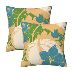 Set of two velvet pillow covers with green, peach and blue pumpkin and floral pattern