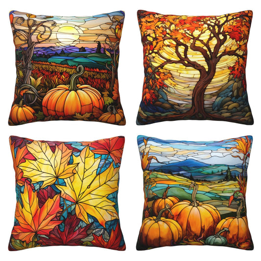 HOSTECCO Fall Pumpkin Throw Pillow Covers Set of 4 Autumn Orange Pillow Cases Stained Glass Painting Maple Leaves Decorative Cushion Covers for Sofa