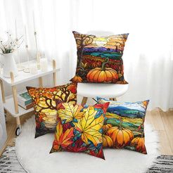 short-pile plush polyester pillow covers with orange pumpkins, autumn trees and maple leaves, arranged beside a white chair