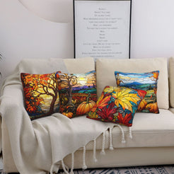 short-pile plush polyester pillow covers with orange pumpkins, autumn trees and maple leaves, styled on a cream sofa