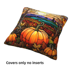 short-pile plush polyester pillow cover with orange pumpkins beneath a stained-glass sunset, shown at an angle on white