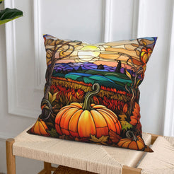 short-pile plush polyester pillow cover with orange pumpkins beneath a stained-glass sunset, styled on a woven chair