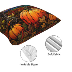 Hidden zipper and fabric close-up on short-pile plush polyester pillow cover with orange pumpkins and autumn leaves