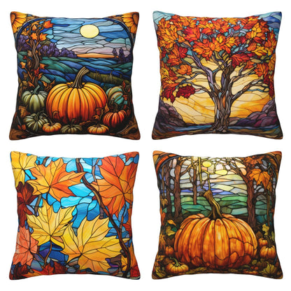 HOSTECCO Autumn Throw Pillow Covers Set of 4 Orange Fall Pumpkin Pillow Cases Maple Leaves Stained Glass Painting Decorative Cushion Covers for Sofa