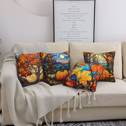 short-pile plush polyester pillow covers with pumpkins, autumn trees and colorful maple leaves, styled on a cream sofa