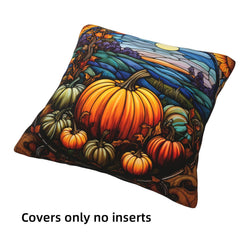 short-pile plush polyester pillow cover with orange pumpkins beneath a moonlit autumn sky, shown at an angle on white