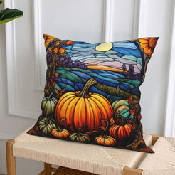 short-pile plush polyester pillow cover with orange pumpkins beneath a moonlit autumn sky, styled on a woven chair