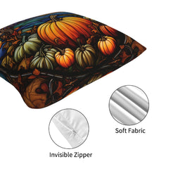Hidden zipper and fabric close-up on short-pile plush polyester pillow cover with orange pumpkins and autumn foliage
