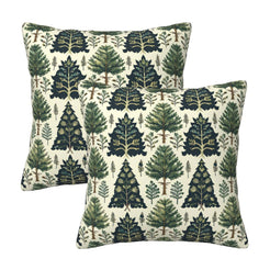 Set of two Christmas velvet pillow covers with layered forest trees and botanical shapes on cream
