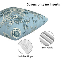 Light blue floral velvet pillow cover showing soft fabric and hidden zipper