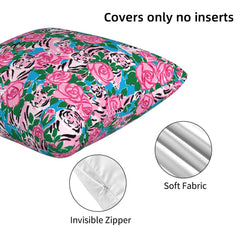 Pink roses with black-and-white tigers velvet pillow cover showing soft fabric and hidden zipper
