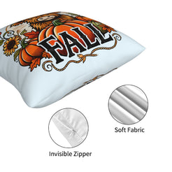 Hidden zipper and soft fabric on a light blue fall pillow cover with Highland cow, pumpkin spice, harvest and raccoon designs
