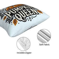 Hidden zipper and soft fabric on a light blue fall pillow cover with Pumpkin Queen and retro fall designs