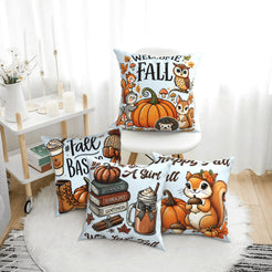 Four light blue fall pillow covers with Welcome Fall, books and squirrel designs, styled on a bench