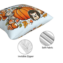 Hidden zipper and soft fabric on a light blue fall pillow cover with Welcome Fall, books and squirrel designs