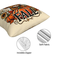Hidden zipper and soft fabric on a cream fall pillow cover with Highland cow, pumpkin spice, harvest and raccoon designs