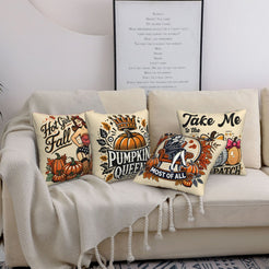 Four cream fall pillow covers with Pumpkin Queen and retro fall designs, styled on a sofa