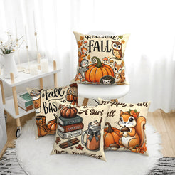 Four cream fall pillow covers with Welcome Fall, books and squirrel designs, styled on a bench