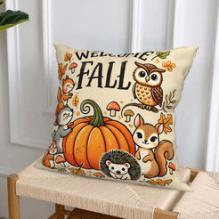 Cream fall pillow cover from the welcome fall, books and squirrel designs set, styled on a chair