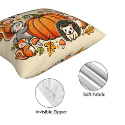 Hidden zipper and soft fabric on a cream fall pillow cover with Welcome Fall, books and squirrel designs