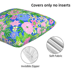 Blue, pink and green mixed florals velvet pillow cover showing soft fabric and hidden zipper