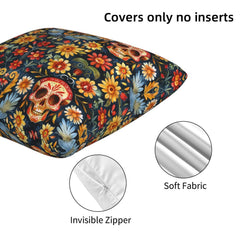 Hidden zipper and velvet detail on a pillow cover with sugar skulls and flowers on dark teal
