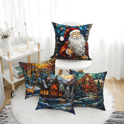 Four Christmas pillow covers with Santa, deer and snowy villages in stained-glass style, styled in a bright room
