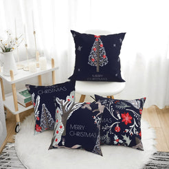 Short-pile plush pillow covers with blue winter trees, florals and Merry Christmas text, styled in a bright room