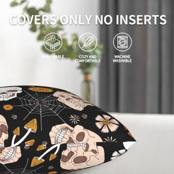 Black skull Halloween pillow covers shown without inserts with care and zipper details