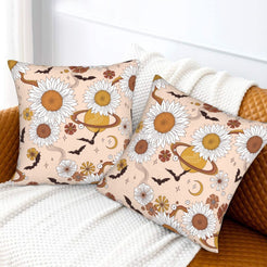 Halloween velvet pillow covers with blush daisies, cats and moons, styled on a sofa