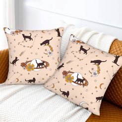 Halloween velvet pillow covers with blush black cats and celestial motifs, styled on a sofa