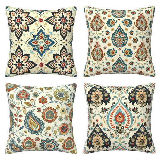 HOSTECCO Ethnic Throw Pillow Covers 18x18 inch Set of 4 Kilim Turkish Aztec Style Pillow Cases Paisley Tribal Decorative Cushion Covers for Sofa Couch