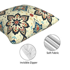 Hidden zipper and fabric close-up on short-pile plush polyester pillow cover with blue and rust floral medallions
