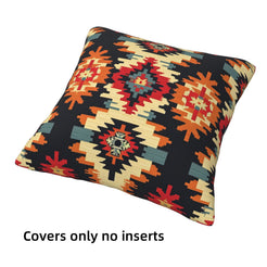 short-pile plush polyester pillow cover with black and rust Aztec diamonds, shown at an angle on white