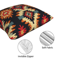 Hidden zipper and fabric close-up on short-pile plush polyester pillow cover with black and rust Aztec diamonds