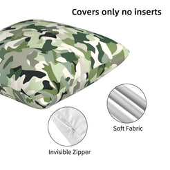 Green and brown military camouflage velvet pillow cover showing soft fabric and hidden zipper