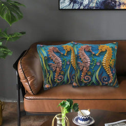 Velvet coastal pillow covers with colorful seahorses, styled in a living room