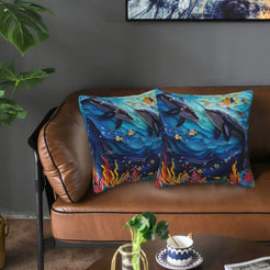 Velvet coastal pillow covers with whales and tropical fish, styled in a living room