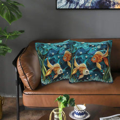 Velvet coastal pillow covers with koi fish in teal waves, styled in a living room