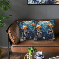 Velvet coastal pillow covers with jellyfish under the sea, styled in a living room