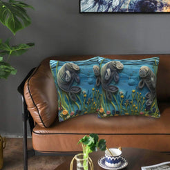 Velvet coastal pillow covers with manatees and aquatic plants, styled in a living room