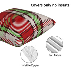 Hidden zipper and velvet detail on a pillow cover with red, green and white wide tartan